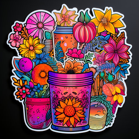 A lively sticker-style illustration featuring a diverse collection of colorful flowers, jars, and pots, exuding a bohemian and cheerful vibe.の素材