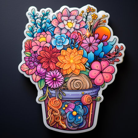 A lively illustration of a colorful flower bouquet in a unique pot, featuring a fun and whimsical artistic style with a bright color palette.の素材