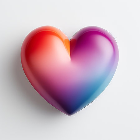 A glossy, heart-shaped object displaying a vivid rainbow gradient from red to purple and blue, set against a neutral white backdrop.の素材