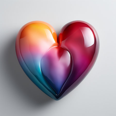 A smooth, glossy heart sculpture with a stunning rainbow gradient, symbolizing love, passion, and emotion. Perfect for romantic themes.の素材