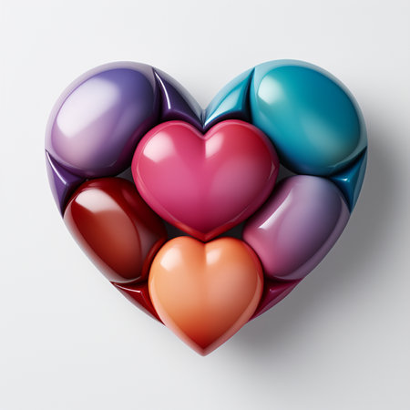 A heart formed by multiple smaller, colorful, glossy hearts in a beautiful arrangement. Love, unity, and diverse emotions concept.の素材