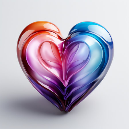 A beautiful, multi-layered heart sculpture showcasing a stunning rainbow gradient from orange and pink to blue and purple, symbolizing love and unity.の素材