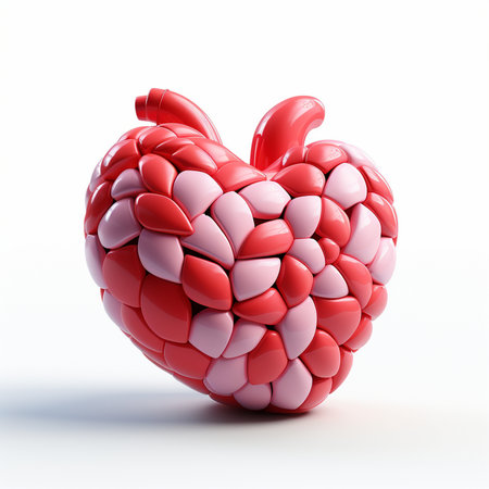 A three-dimensional heart shape constructed from numerous small, glossy red and pink petals, isolated on a clean white background.の素材