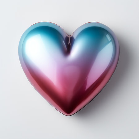 A shiny, heart-shaped object with a smooth, reflective surface exhibiting a beautiful blue to pink gradient, isolated on a clean white backdrop.の素材