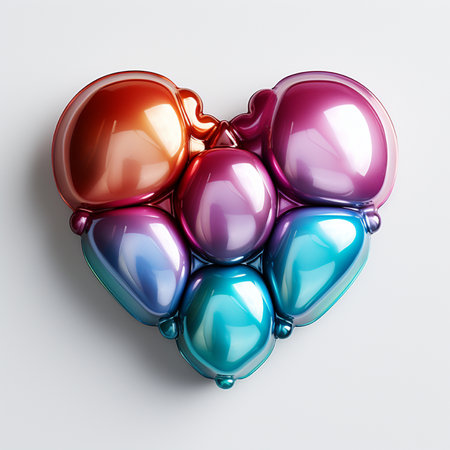 A heart shape created from a cluster of shiny, metallic balloons in a spectrum of colors, set against a clean white backdrop.の素材