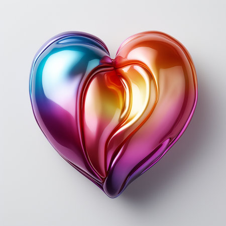 A stunning metallic heart with iridescent rainbow colors and a glossy, reflective surface, set against a clean white backdrop.の素材