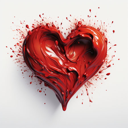 An artistic representation of a red heart shape with dynamic splashes of liquid, symbolizing love, passion, and emotion with energetic movement.の素材