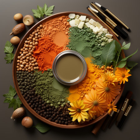 A colorful assortment of spices, herbs, and natural ingredients arranged in sections on a wooden tray, complemented by paint colors and floral elements.の素材