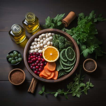 A close-up, overhead view of a wooden bowl filled with nutritious ingredients like nuts, cranberries, orange slices, broccoli, and grapes, alongside olive oil.の素材