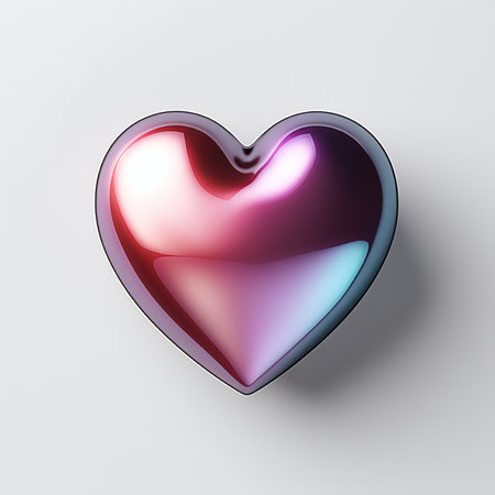 A beautiful, smooth, iridescent heart shape with a metallic sheen, reflecting pink, purple, and blue hues on a clean white backdrop.の素材