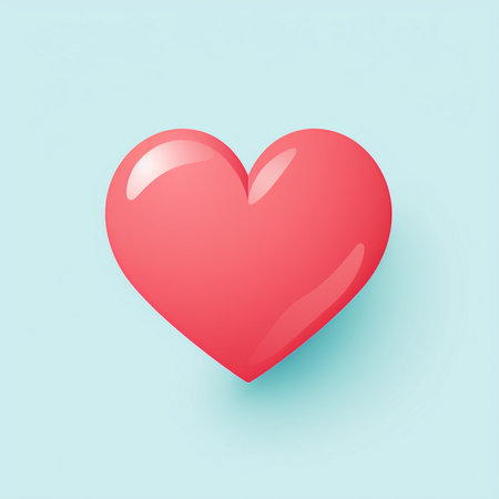 A single, bright red heart icon with a glossy, three-dimensional appearance, set against a clean, pale blue backdrop. Simple and elegant.の素材