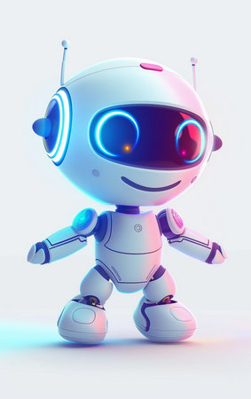 A friendly, cartoon-style robot with bright blue glowing eyes and a cheerful expression, standing against a clean, light background.の素材
