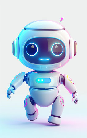 A charming, stylized robot with bright blue neon eyes, a friendly smile, and a small antenna. This futuristic character is rendered in 3D.の素材
