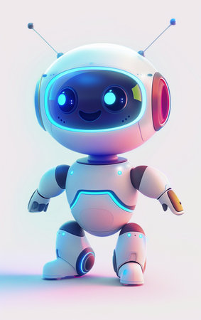 A friendly, cartoonish robot with bright blue eyes and illuminated accents, standing against a neutral background. Perfect for technology and AI themes.の素材