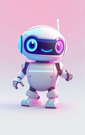 A charming 3D illustration of a friendly robot character, featuring glowing neon accents and a happy, welcoming expression, against a soft pink background.の素材