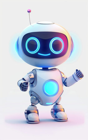 A friendly, modern robot character with glowing blue eyes and a cheerful demeanor, waving in a welcoming gesture. Isolated on a clean background.の素材