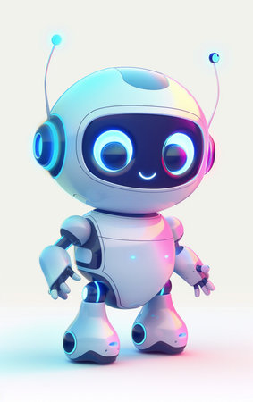 A charming, futuristic robot character with bright, glowing blue eyes and playful antennas, rendered in a clean, modern style with soft neon lighting.の素材