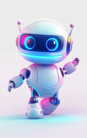 A friendly, white robot with bright blue and pink neon accents waves its hand, standing against a light background. Modern, futuristic design.の素材