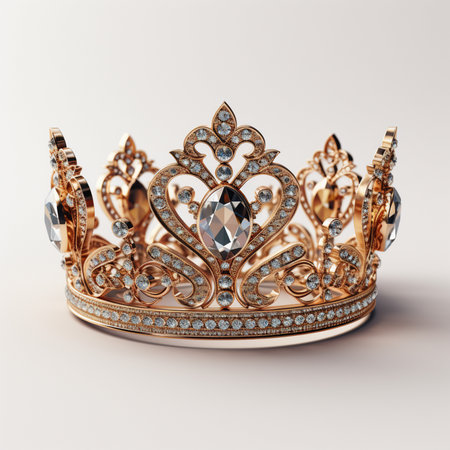 A detailed 3D render of an ornate gold crown, intricately designed and encrusted with sparkling diamonds, set against a clean, light background.の素材