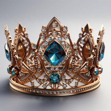 A luxurious golden crown adorned with a large central blue gemstone and numerous sparkling diamonds, on a neutral background.の素材