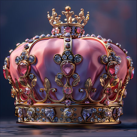 A luxurious pink crown adorned with sparkling diamonds and intricate gold detailing, exuding regality and sophistication.の素材