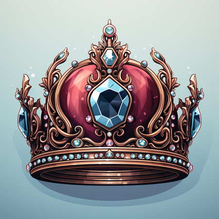 A detailed illustration of a luxurious red crown adorned with numerous sparkling blue and pink diamonds, set against a subtle blue background.の素材
