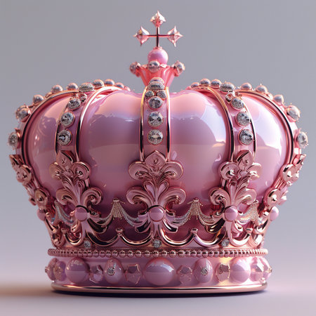 A luxurious pink crown adorned with sparkling diamonds and rose gold details, presented on a clean, neutral background.の素材