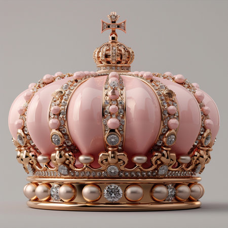 A luxurious pink crown adorned with gold accents and sparkling diamonds, symbolizing royalty and elegance.の素材