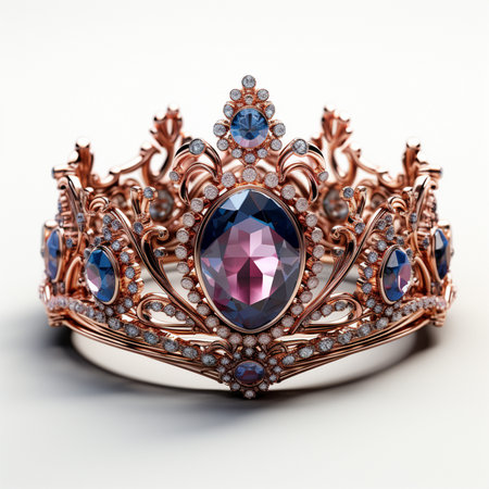 A luxurious rose gold tiara adorned with sparkling diamonds, a large oval blue and pink gemstone, and smaller blue gemstones.の素材