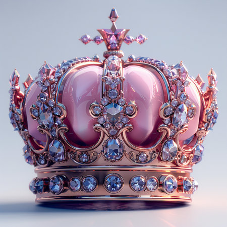 A luxurious pink crown adorned with sparkling diamonds and colorful gems, intricately detailed and richly embellished.の素材