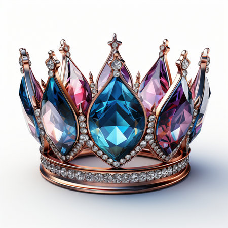 A luxurious crown adorned with vibrant, multi-colored gemstones and sparkling diamonds, symbolizing royalty and wealth. A detailed close-up.の素材