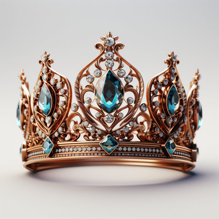 A luxurious rose gold tiara adorned with sparkling blue gemstones and brilliant diamonds, showcasing exquisite craftsmanship and regal design.の素材