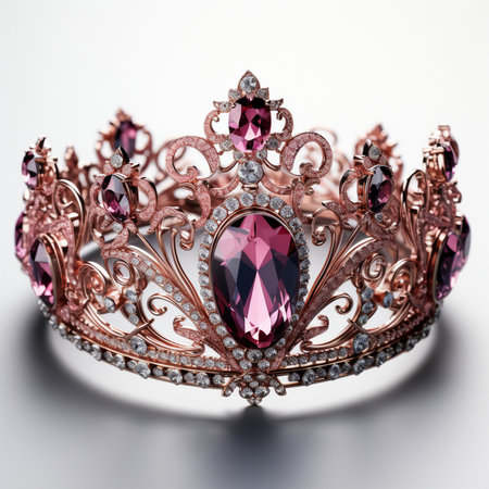 A luxurious rose gold tiara adorned with large pink gemstones and sparkling diamonds, set against a clean white background.の素材