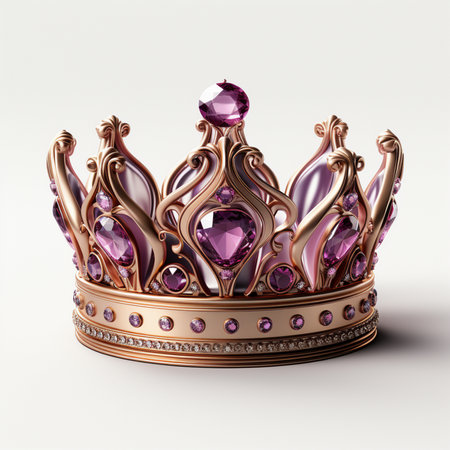 A luxurious rose gold crown adorned with vibrant purple gemstones and sparkling diamonds, presented on a clean white background.の素材