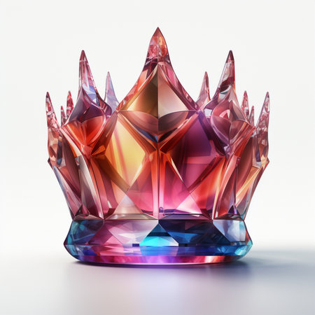 A stunning, multi-faceted crystal sculpture shaped like a crown, with vibrant red, pink, and blue hues, against a clean white background.の素材