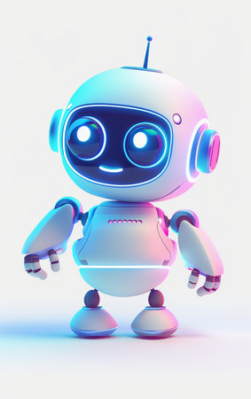 A charming, futuristic robot with glowing neon accents, presented in a clean, modern graphic style.の素材