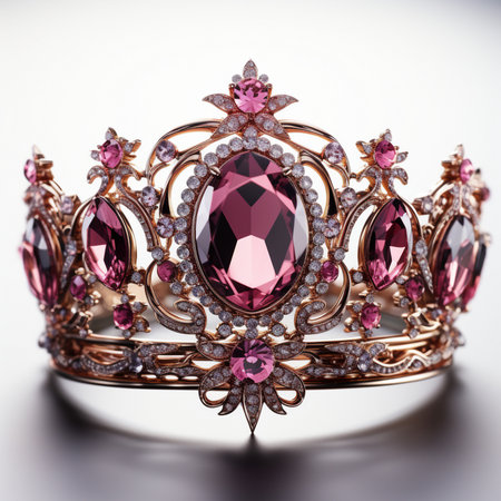 A detailed close-up of an ornate rose gold tiara adorned with large pink gemstones and sparkling diamonds, presented on a clean white background.の素材