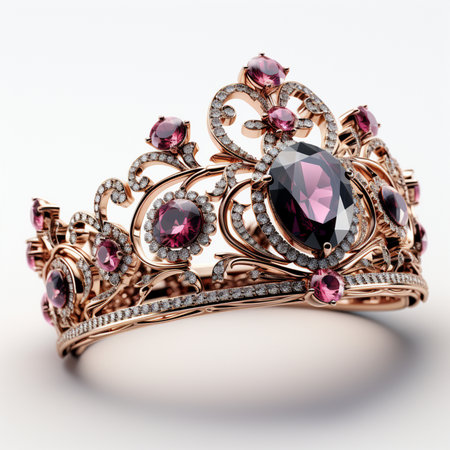 A luxurious rose gold tiara adorned with deep red rubies and sparkling diamonds, showcasing intricate craftsmanship and regal design.の素材