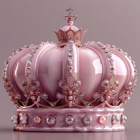 A luxurious pink crown embellished with sparkling diamonds and delicate pearls, showcasing intricate craftsmanship.の素材