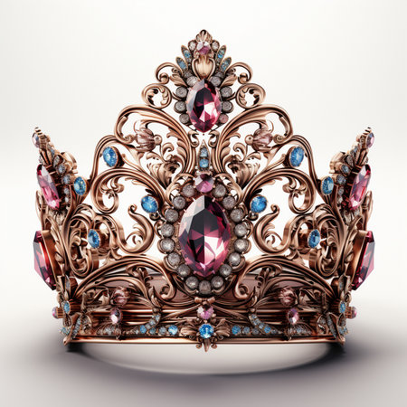 A detailed rose gold crown adorned with large pink and smaller blue gemstones, set against a clean white background. Exquisite craftsmanship.の素材