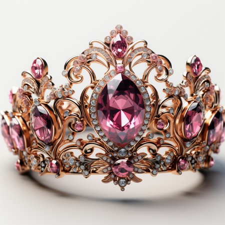 A luxurious golden tiara adorned with pink gemstones and diamonds, featuring intricate scrollwork and a central oval-cut gem. Detailed and ornate.の素材