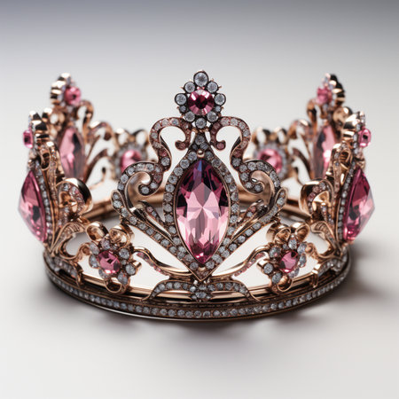 A detailed close-up of an exquisite rose gold tiara adorned with shimmering pink gemstones and brilliant diamonds, showcasing intricate craftsmanship.の素材