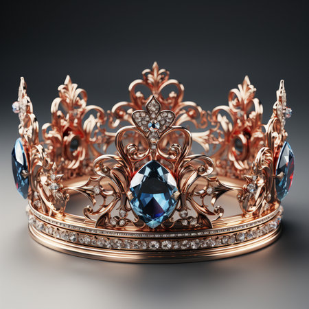 A luxurious rose gold crown, intricately designed and embellished with large blue gemstones and sparkling diamonds, set against a dark, elegant background.の素材