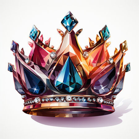 A majestic crown adorned with multifaceted gemstones and sparkling diamonds, rendered in a vibrant, crystalline style against a clean white background.の素材