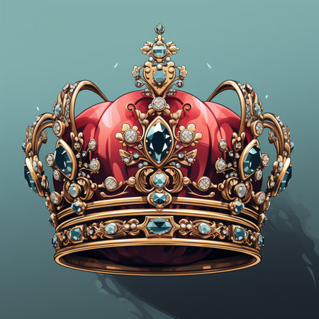 A detailed illustration of a luxurious royal crown, featuring intricate gold detailing, red velvet, and a variety of sparkling diamonds and blue gemstones.の素材