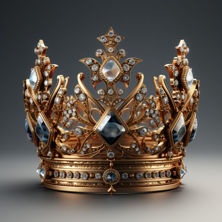 A luxurious and ornate golden crown embellished with sparkling diamonds and deep blue gemstones on a dark gray background.の素材