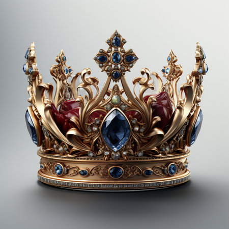 An ornate golden crown featuring large blue gemstones and numerous small diamonds, set against a neutral background.の素材