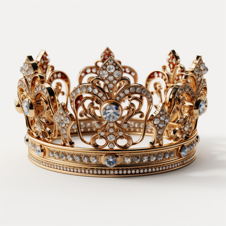 A detailed, luxurious golden crown lavishly decorated with numerous sparkling diamonds, set against a clean white background.の素材
