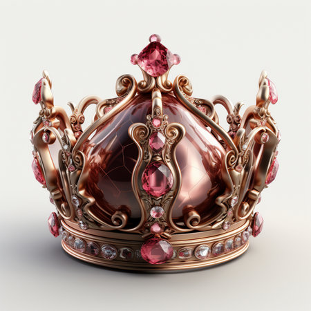 A detailed image of an ornate rose gold crown, intricately decorated with vibrant pink gemstones and clear crystals, set against a clean white background.の素材