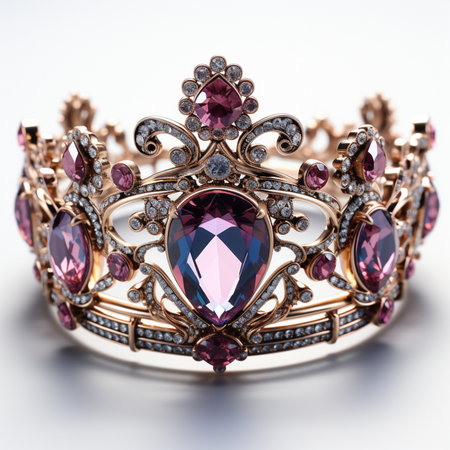 A detailed close-up of an ornate rose gold tiara adorned with large pink gemstones and sparkling diamonds on a white background.の素材